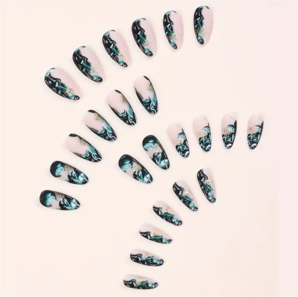 🆕 Green Marble Print Press On Nails Golden Foil Design Smudged Almond Shape NIB - Picture 5 of 5
